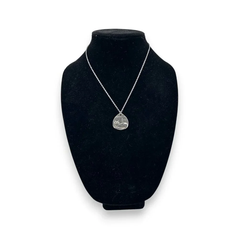 Pewter Cat in a Window Necklace Double Sided Pendant - Picture 4 of 7